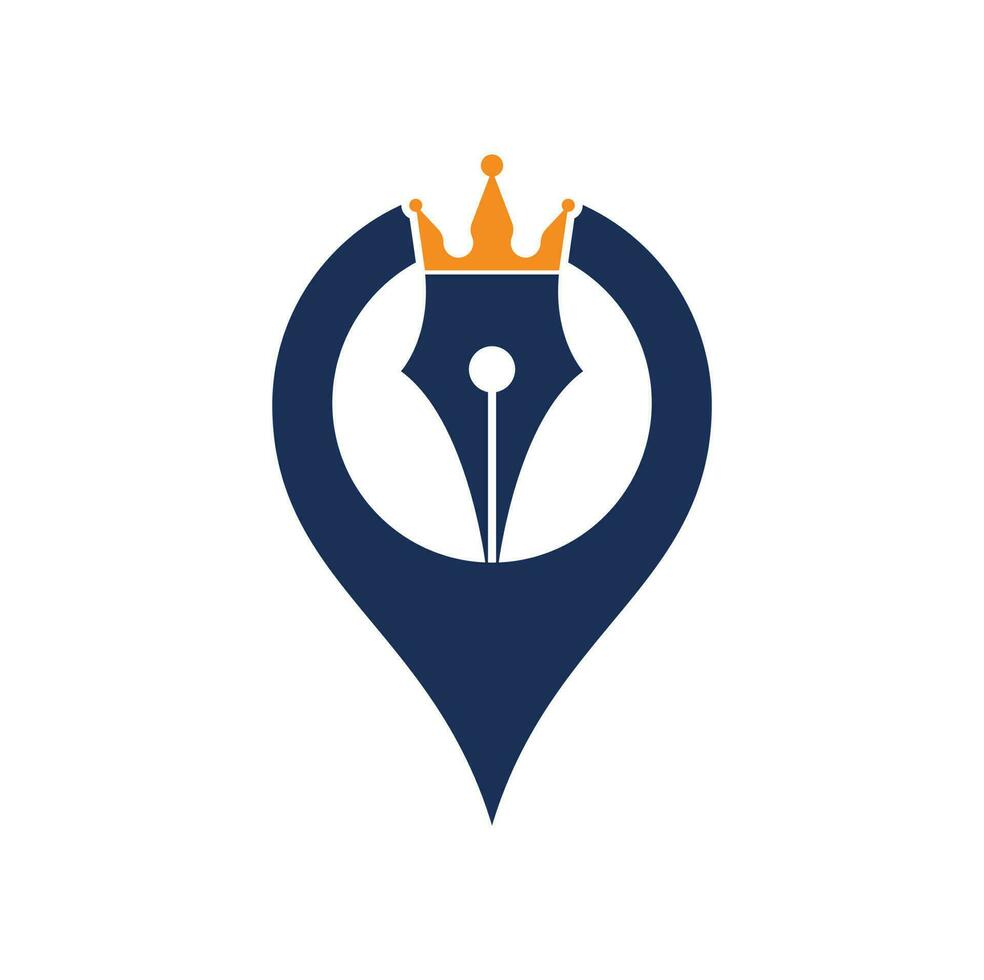 King pen and map pin shape vector logo design. Royal Pen crown Logo
