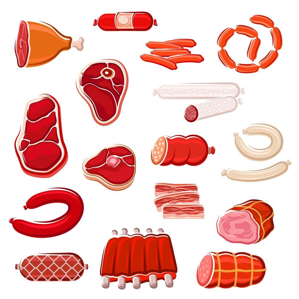 conjunto de iconos de carne fresca y salchichas para el diseño de alimentos vector