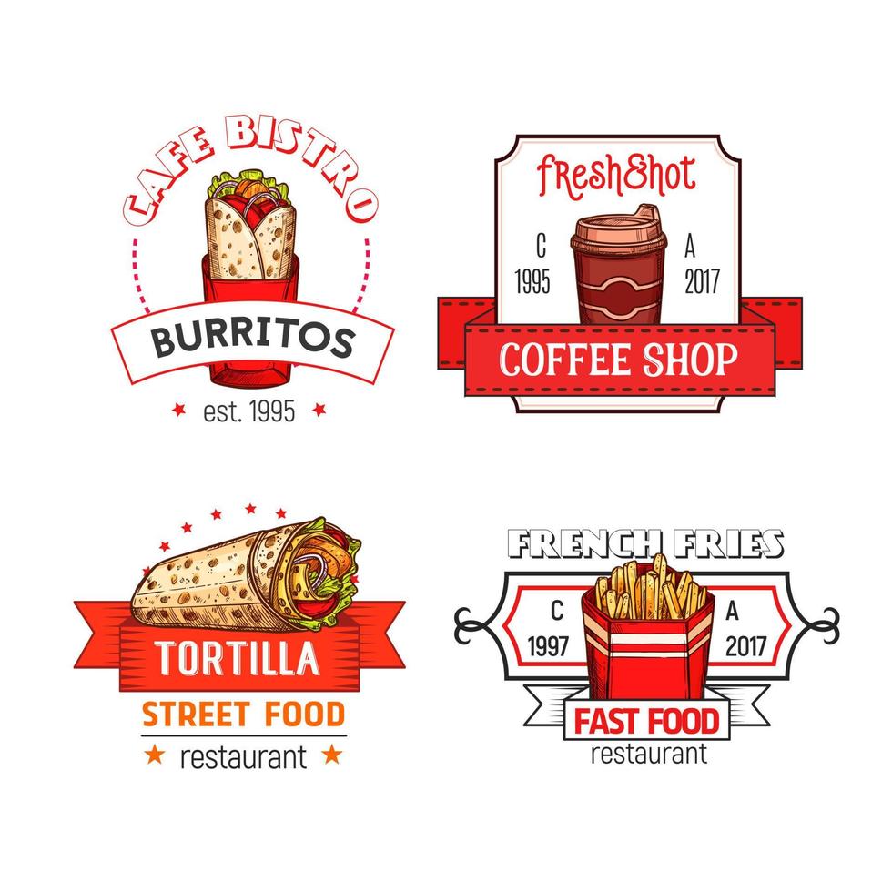 Fast food vector menu icons of fastfood restaurant