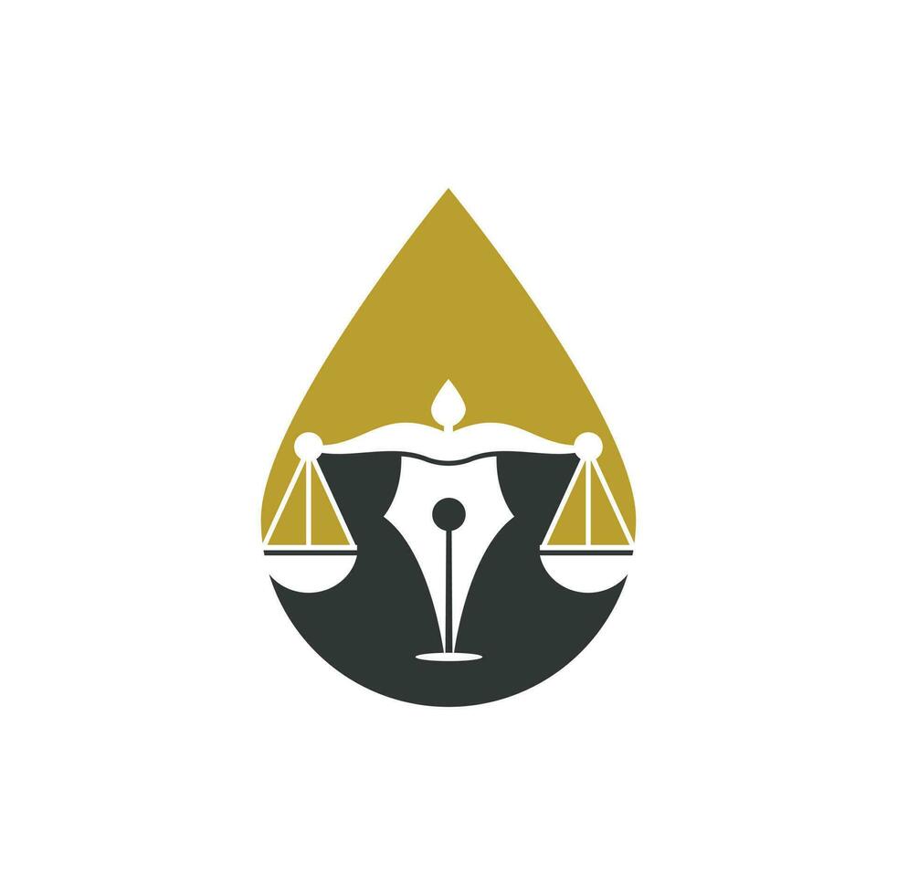 ley de pluma con plantilla de diseño de logotipo de vector de forma de gota. vector del logotipo de la ley con equilibrio judicial. escala de justicia en una pluma.