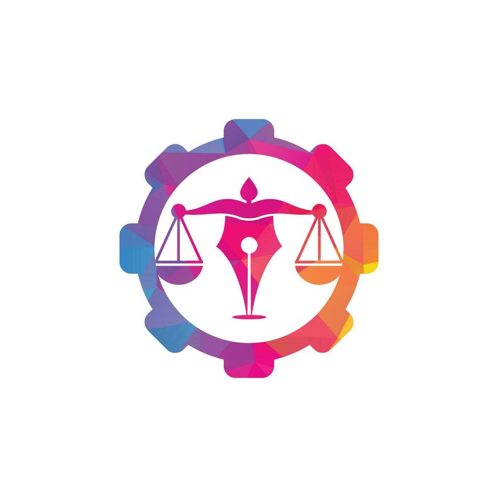 Pen Law with gear shape Vector Logo Design Template. Law logo vector with judicial balance. justice scale in a pen nib.