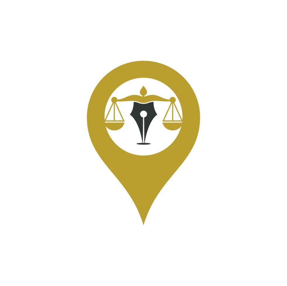 ley de pluma con plantilla de diseño de logotipo de vector de forma gps. vector del logotipo de la ley con equilibrio judicial. escala de justicia en una pluma.