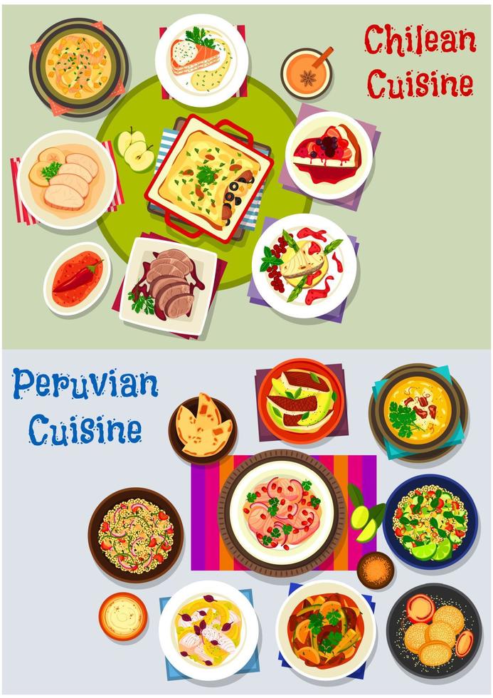 conjunto de iconos de comida saludable chilena y peruana vector