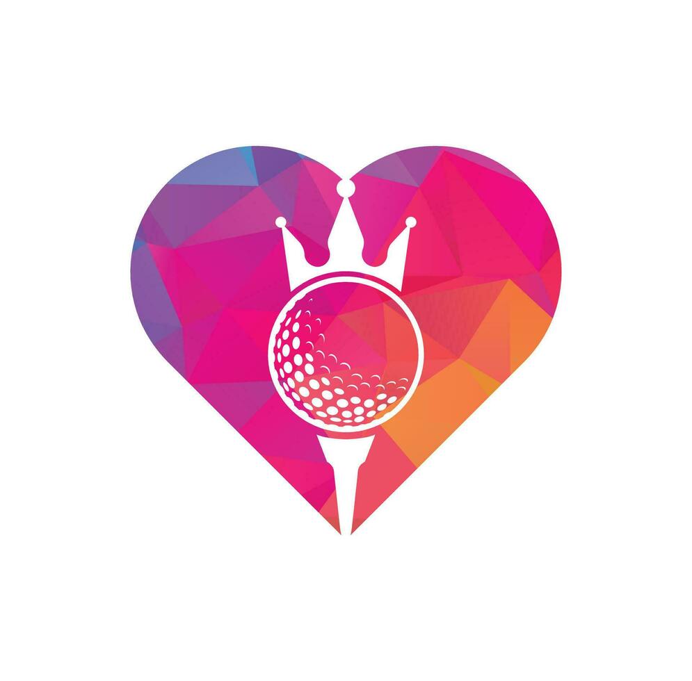 diseño de logotipo vectorial de concepto de forma de corazón de golf rey. pelota de golf con icono de vector de corona.