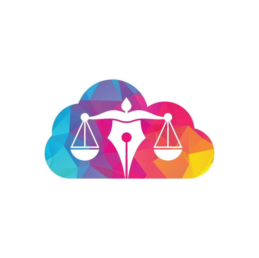ley de pluma con plantilla de diseño de logotipo de vector de forma de nube. vector del logotipo de la ley con equilibrio judicial. escala de justicia en una pluma.