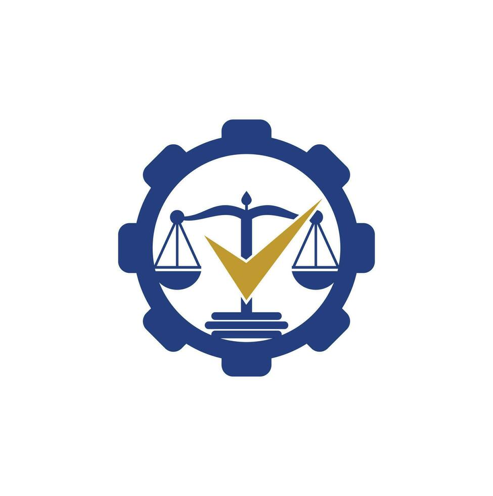 Compruebe el vector del logotipo de la forma del engranaje del bufete de abogados. diseño del logotipo vectorial del bufete de abogados. escala de ley con diseño de vector de icono de signo de verificación.