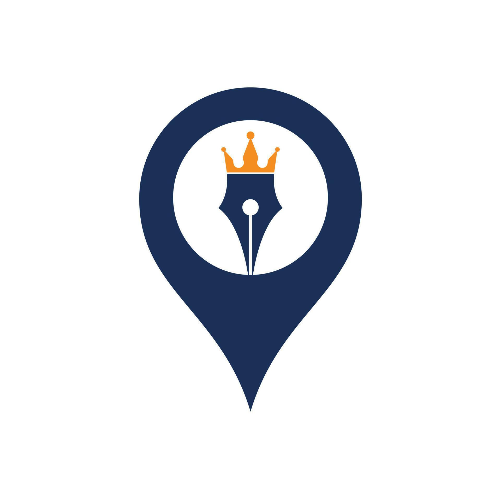 King pen and map pin shape vector logo design. Royal Pen crown Logo