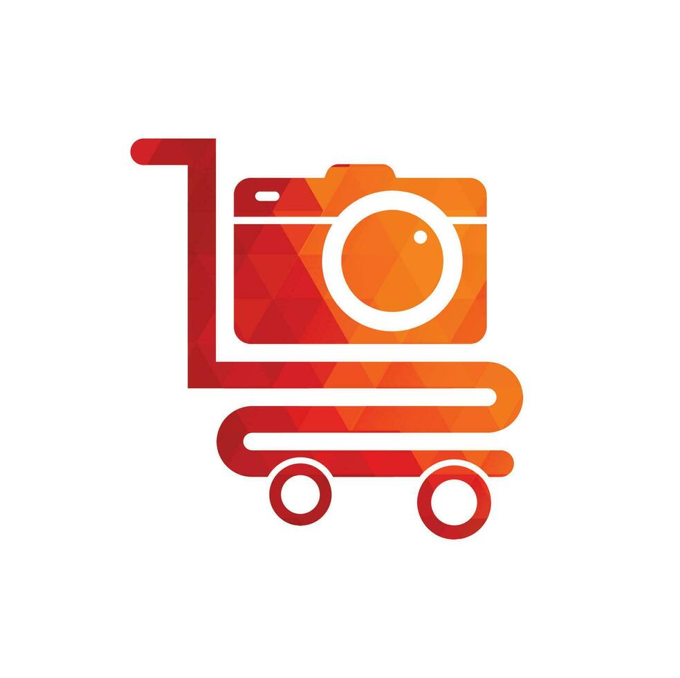 icono vectorial del logotipo de la tienda de cámaras. carrito de compras con plantilla de diseño de logotipo de lente de cámara. vector