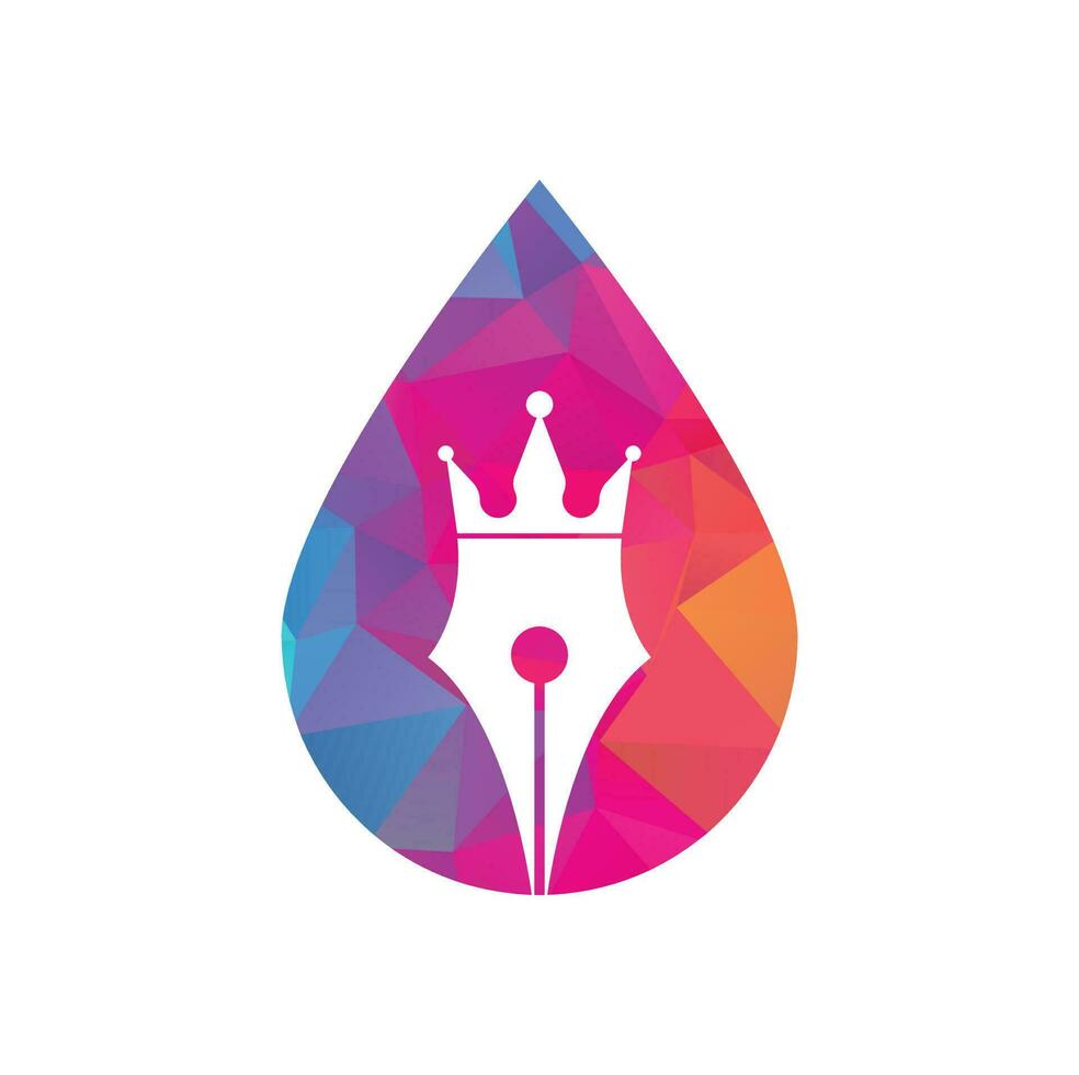 King pen and drop shape vector logo design. Royal Pen crown Logo design vector template.