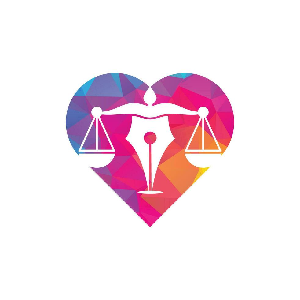 ley de pluma con plantilla de diseño de logotipo de vector de forma de corazón. vector del logotipo de la ley con equilibrio judicial. escala de justicia en una pluma.