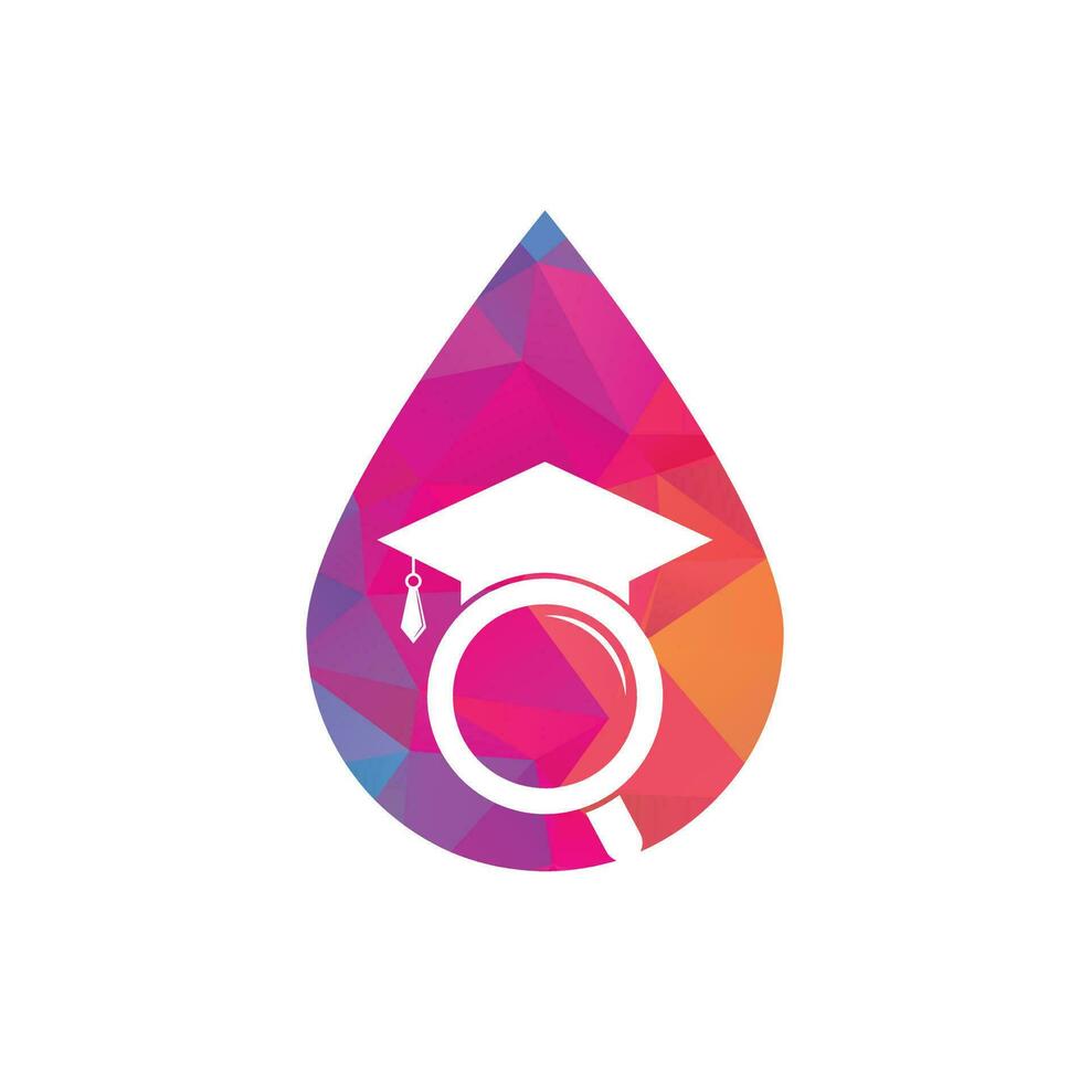 Search education drop shape concept logo. Graduate Hat and Magnifying Glass logo design. Student finder vector logo template.
