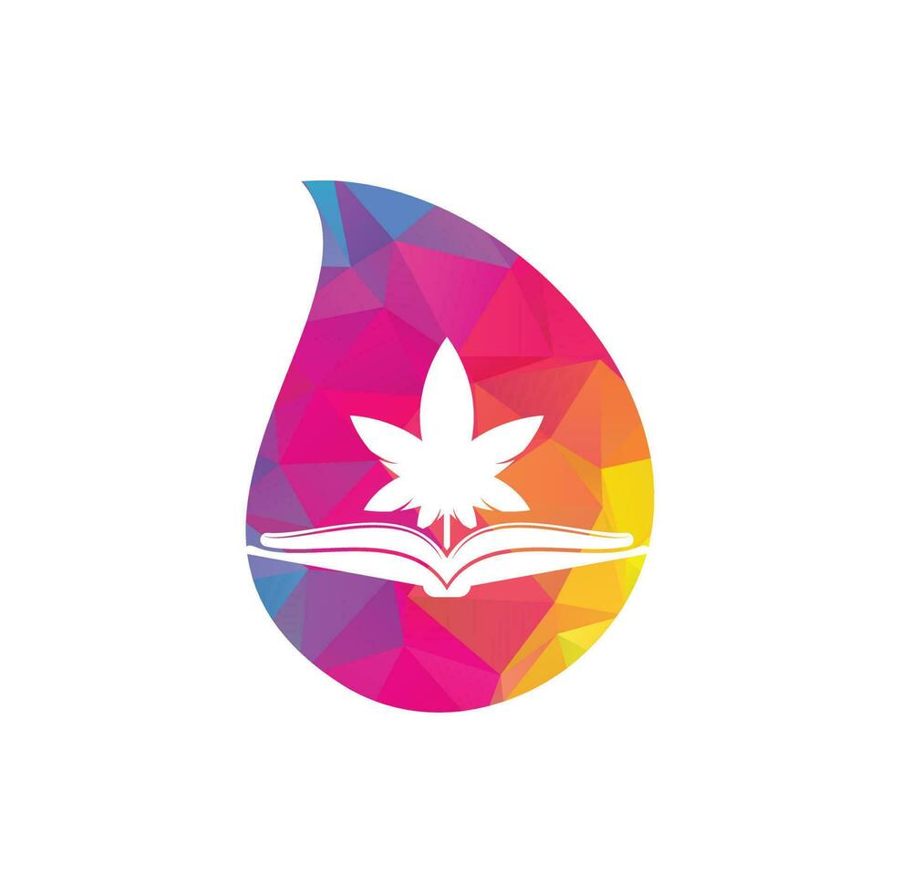 Book and marijuana drop shape concept symbol logo template. Suitable for medical education. vector