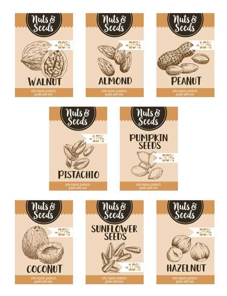 carteles de bocetos de precios vectoriales de nueces y semillas de frutas vector