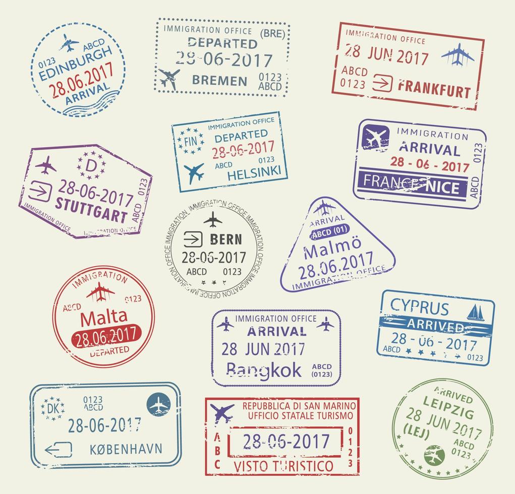 Vector icons of city passport stamps world travel