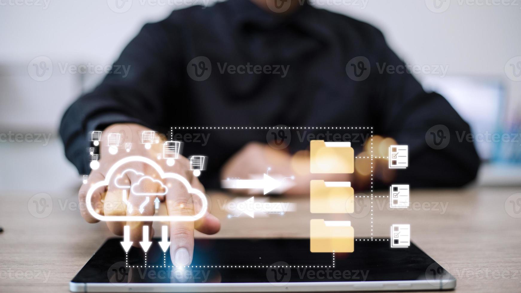 Cloud computing and online storage technologies, cloud computing and communications, connection to Internet server services for data transfer and data management. photo