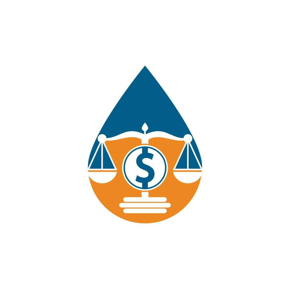 diseño de logotipo de vector de forma de gota de bufete de abogados de dinero. concepto de finanzas icono de escala de logotipo y símbolo de dólar