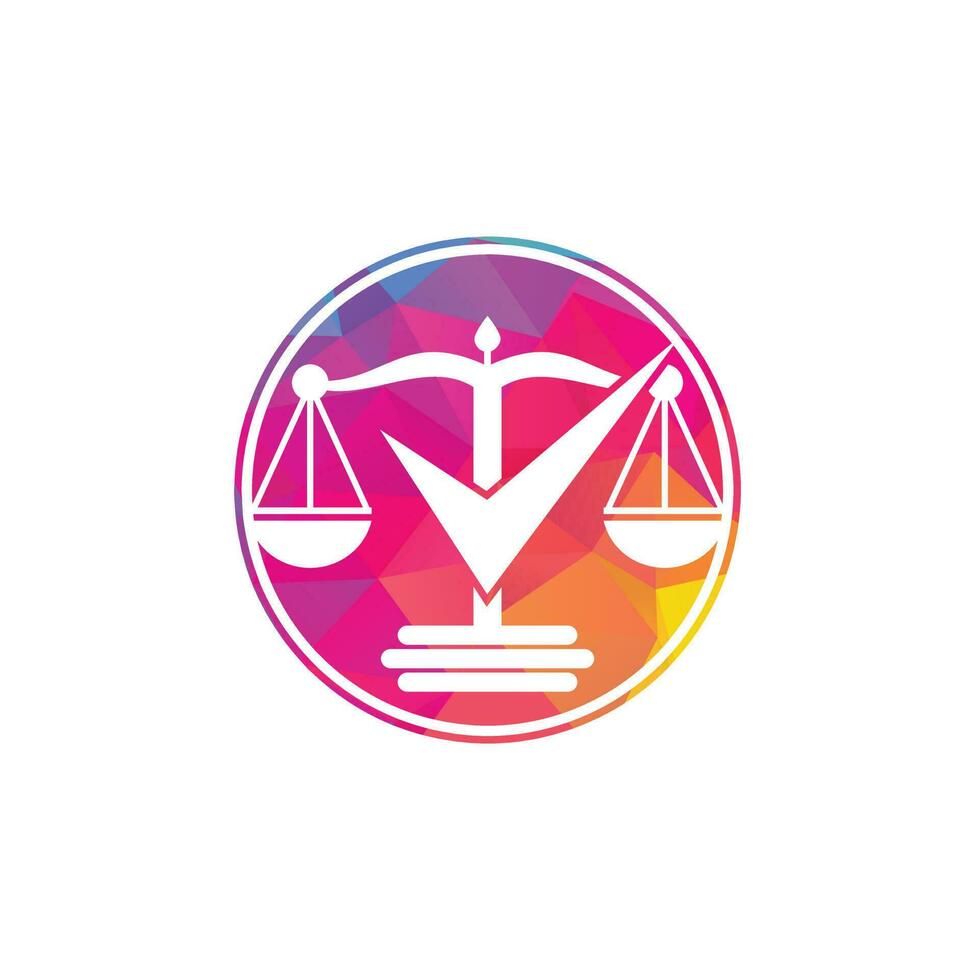 diseño del logotipo vectorial del bufete de abogados. escala de ley con diseño de vector de icono de signo de verificación.