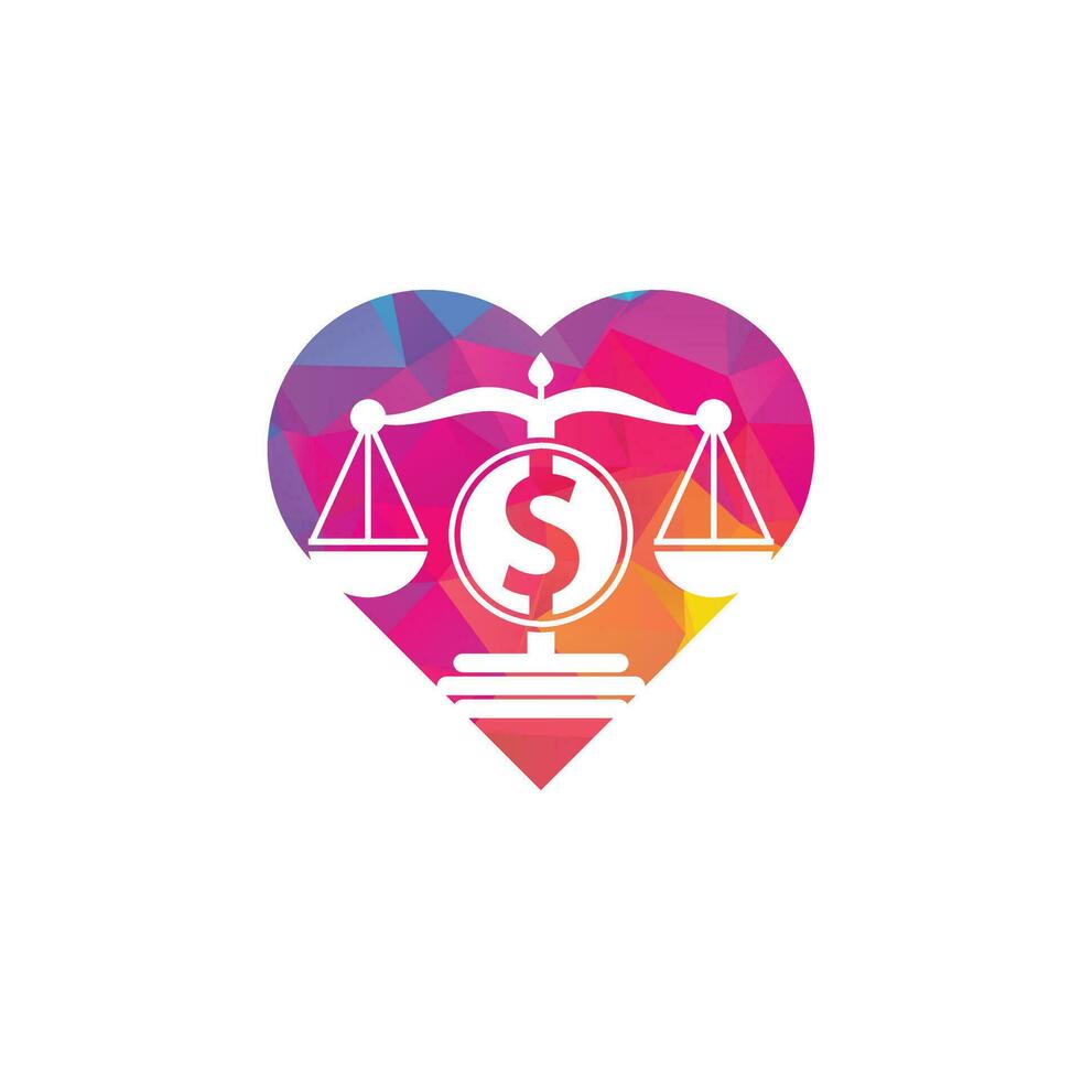 diseño de logotipo de vector de forma de corazón de bufete de abogados de dinero. concepto de finanzas escala de logotipo e icono de símbolo de dólar.