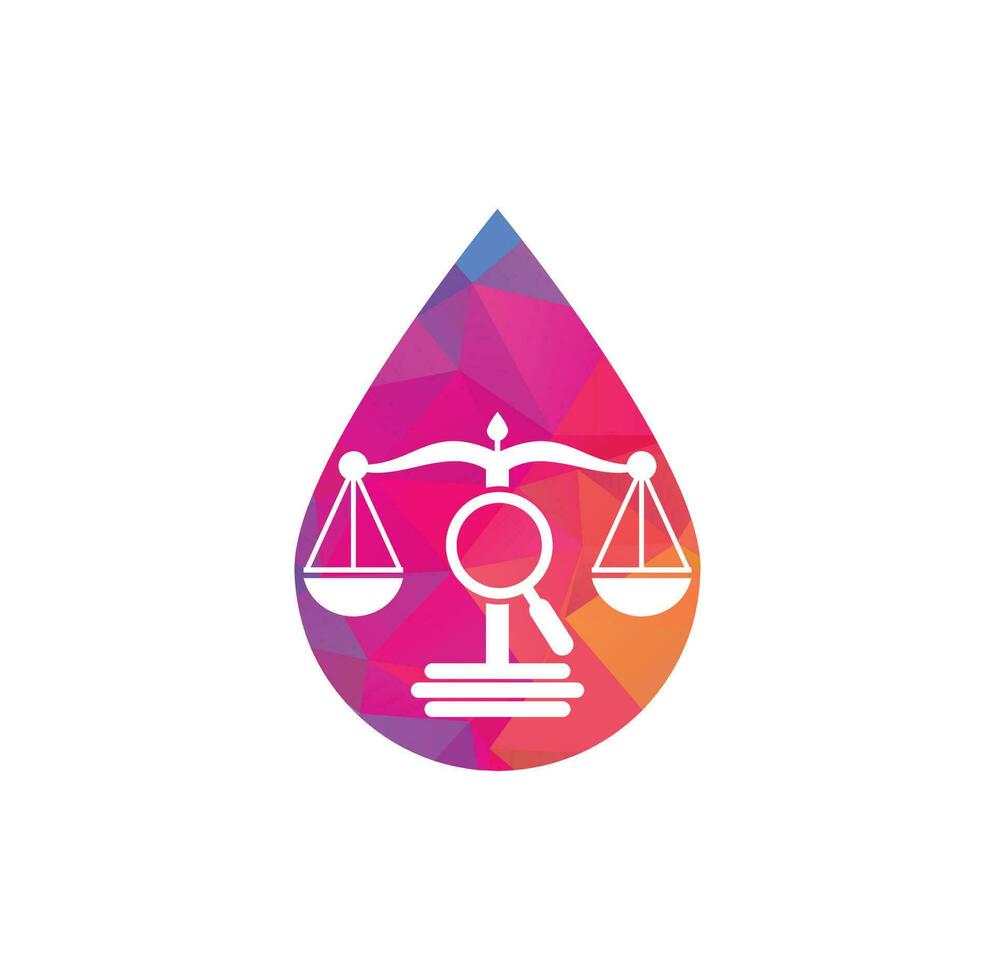 encuentre la plantilla vectorial del logotipo de gota de justicia, conceptos creativos de diseño del logotipo del bufete de abogados. logotipo de bufete de abogados de lupa vector