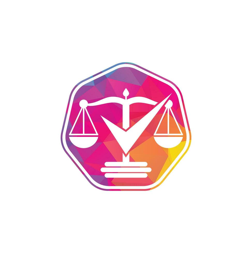 diseño del logotipo vectorial del bufete de abogados. escala de ley con diseño de vector de icono de signo de verificación.