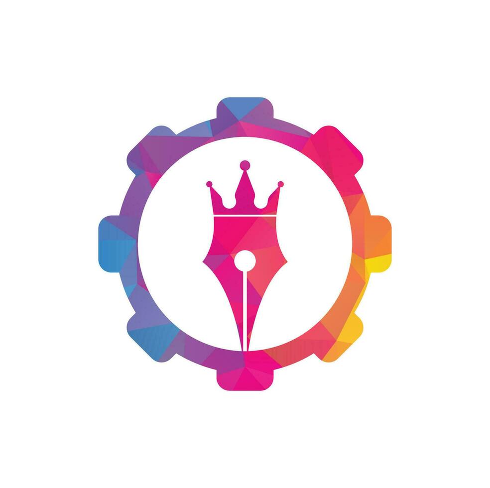 King pen and gear shape vector logo design. Royal Pen crown Logo design vector template.