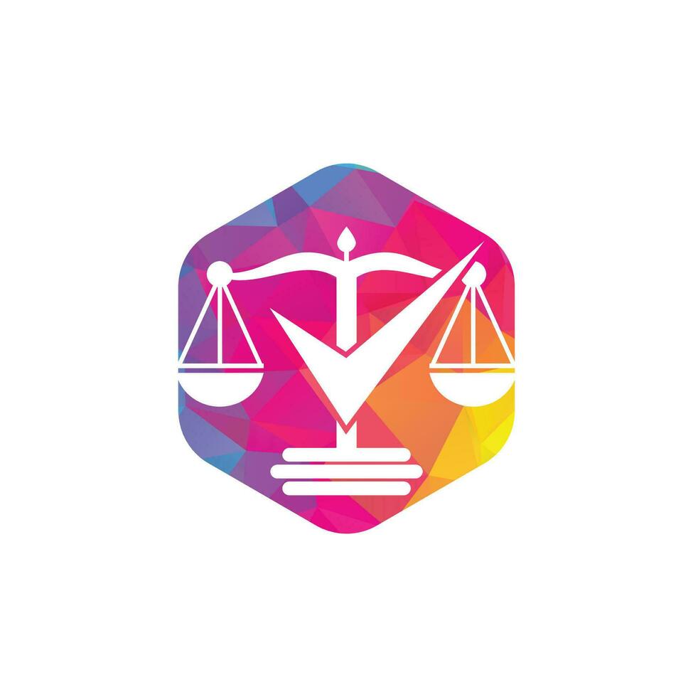 diseño del logotipo vectorial del bufete de abogados. escala de ley con diseño de vector de icono de signo de verificación.