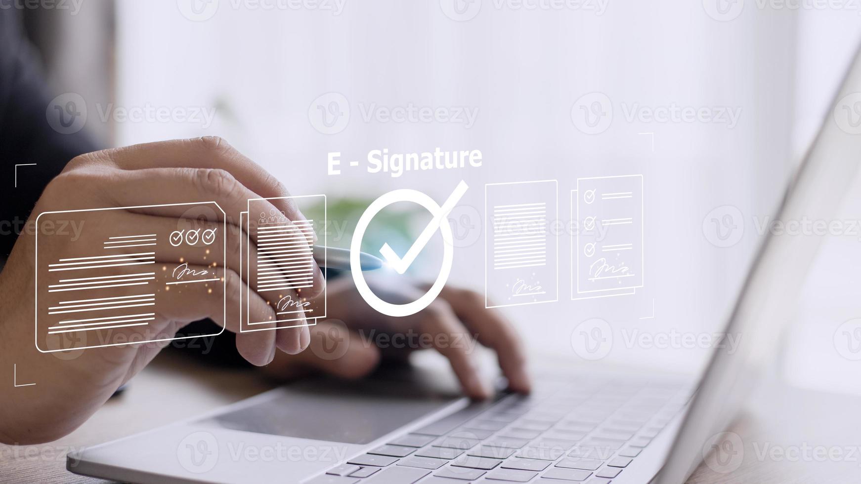 Online business contract Electronic signature, e-signing, digital document management, paperless office, signing business contract concept. photo