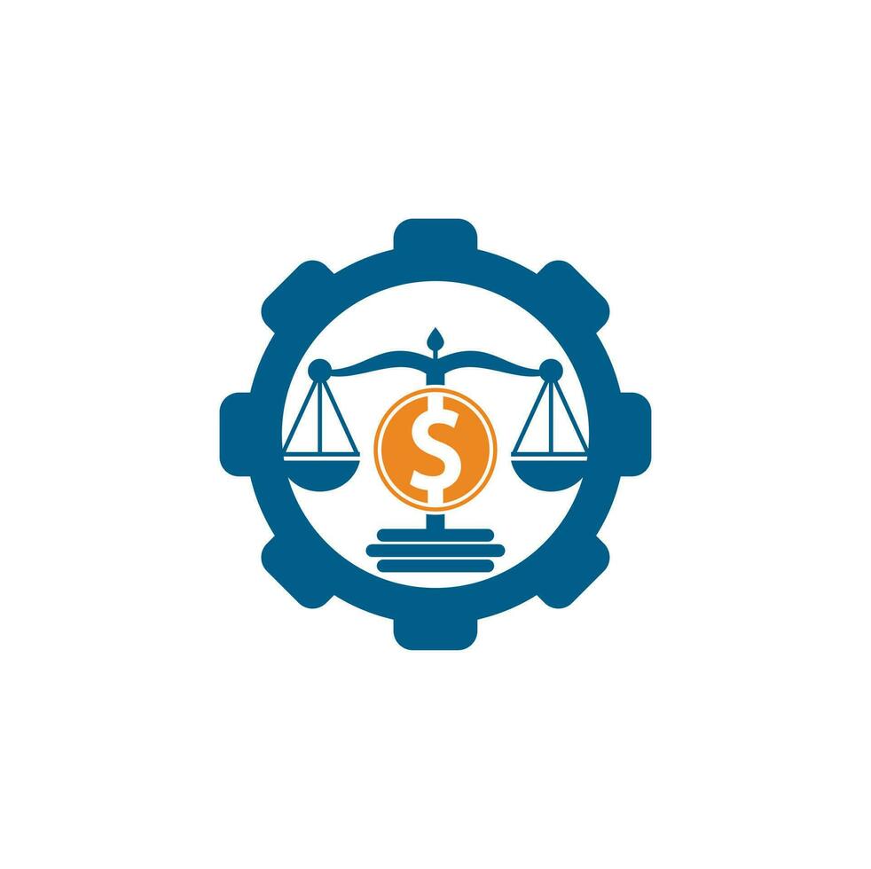 diseño de logotipo de vector de forma de engranaje de bufete de abogados de dinero. concepto de finanzas escala de logotipo e icono de símbolo de dólar.