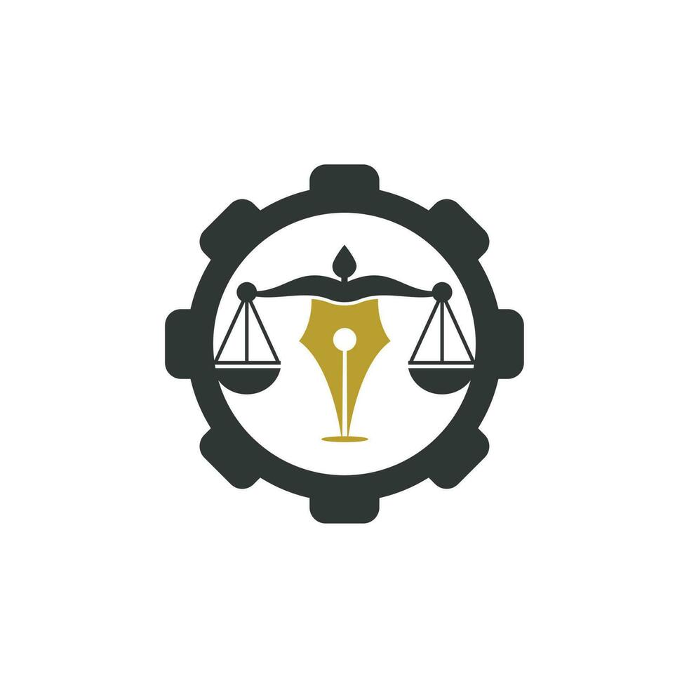 Pen Law with gear shape Vector Logo Design Template. Law logo vector with judicial balance. justice scale in a pen nib.