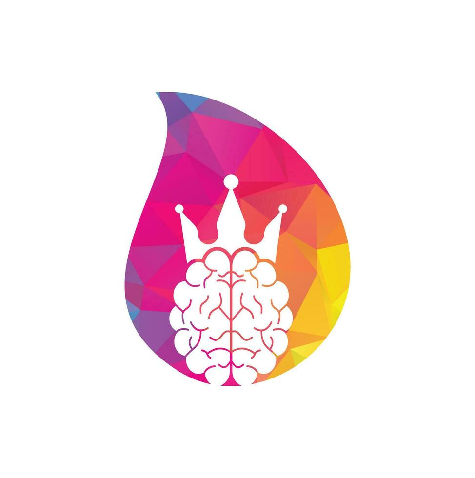 Diseño de icono de logotipo de forma de gota de cerebro de corona. diseño de logotipo de vector de rey inteligente. cerebro humano con diseño de icono de corona.