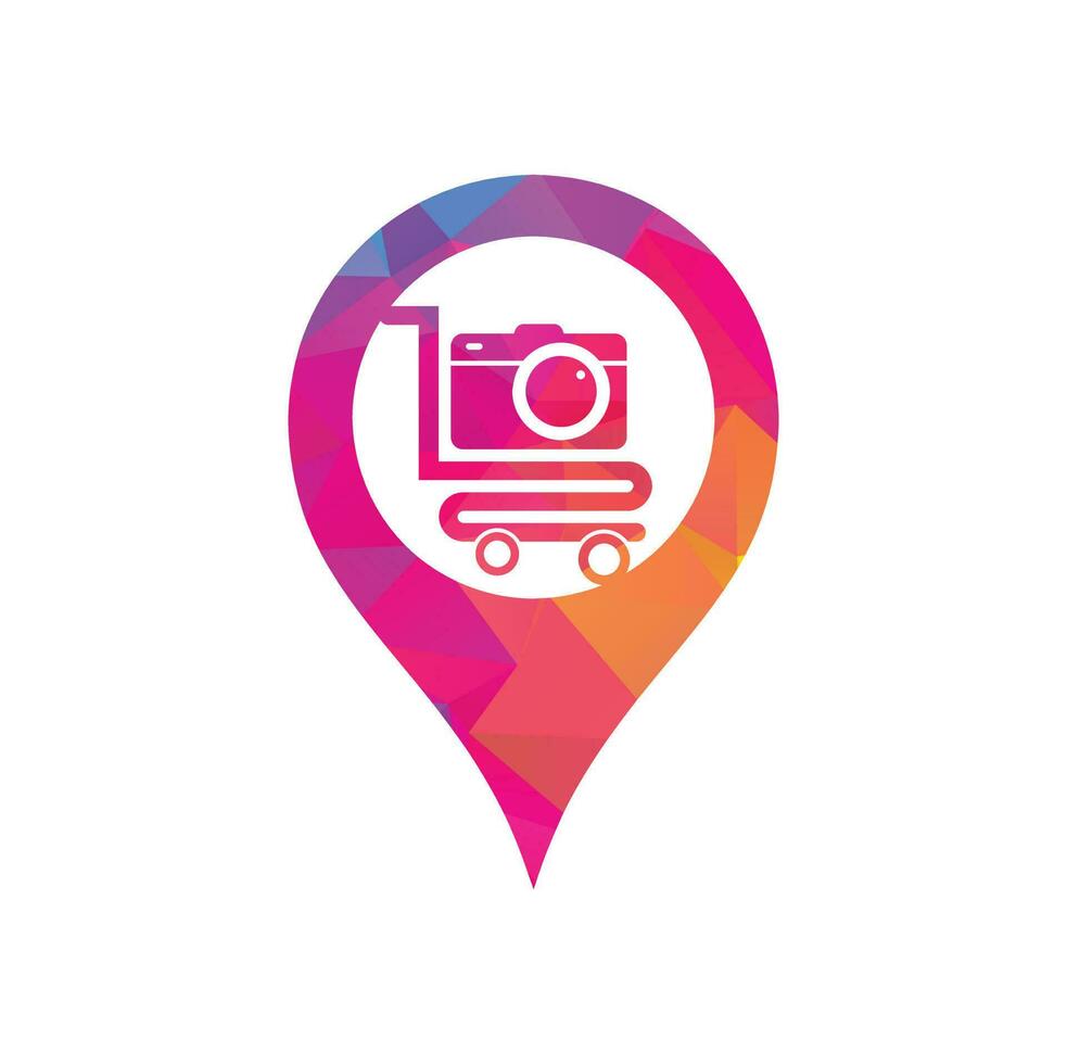 Camera Shop gps shape concept Logo vector icon. Shopping Cart with Camera Lens Logo Design Template.