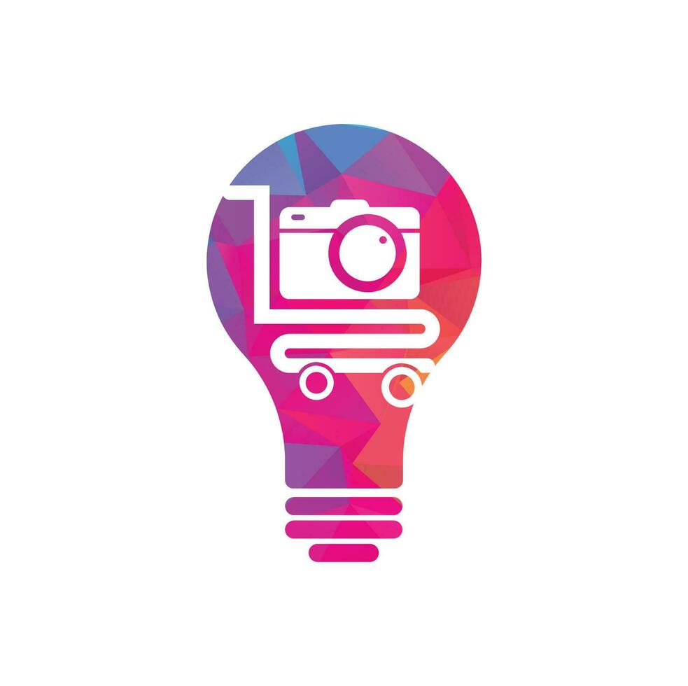Camera Shop bulb shape concept Logo vector icon. Shopping Cart with Camera Lens Logo Design Template.