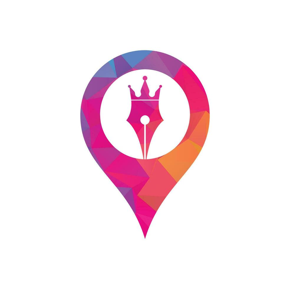 King pen and map pin shape vector logo design. Royal Pen crown Logo design vector template.
