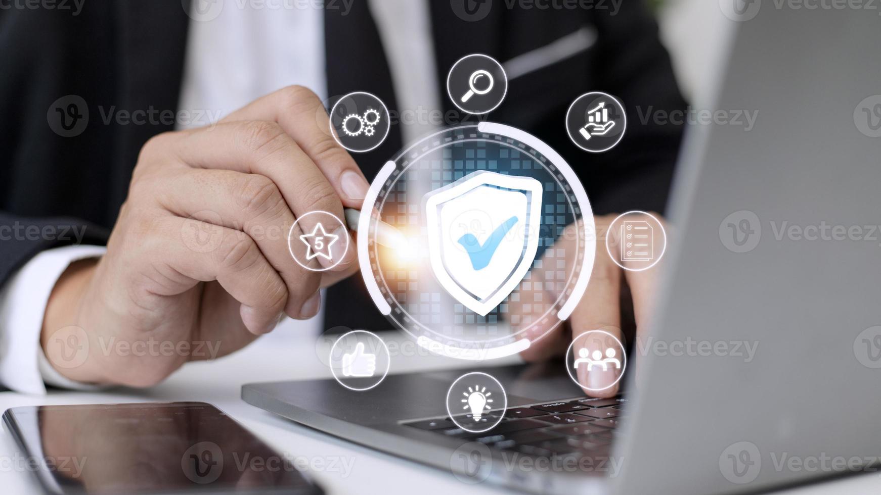 Quality management with Quality Assurance or QA and Quality Control or QC and improvement. Standardization and certification concept. Compliance to regulations and standards. Concept with manager. photo