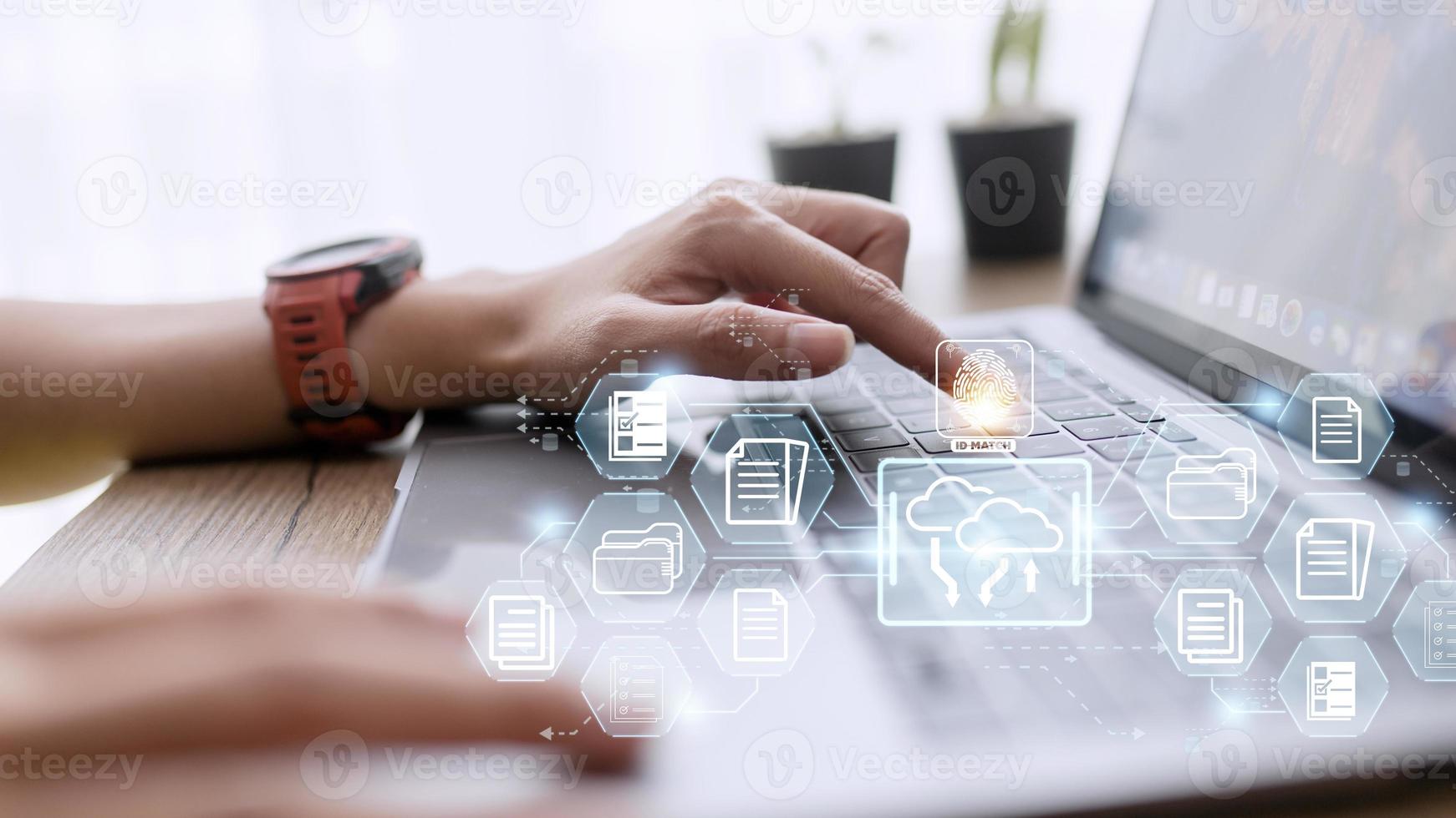 Fingerprint scanning and biometric authentication. system for document management DMS. software that automates the archiving and management of data files. concept of Internet technology. photo