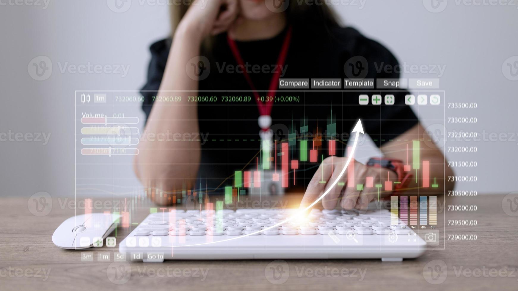 Close up businesswoman collecting data information converting into statistics, planning strategy gathering resources creating visual graphical graphs using computer laptop and smart mobile device photo