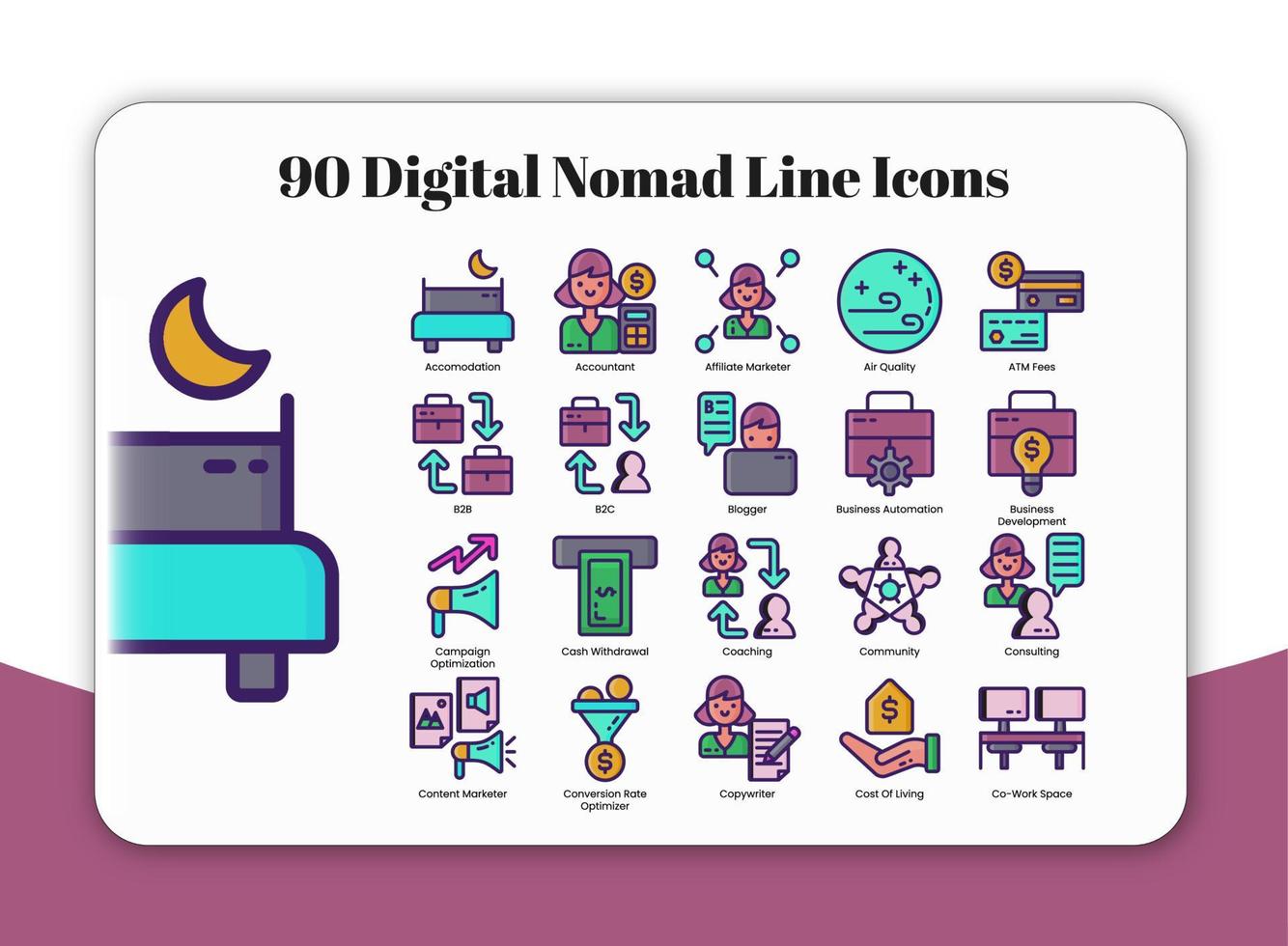 90 iconos de línea nómada digital vector