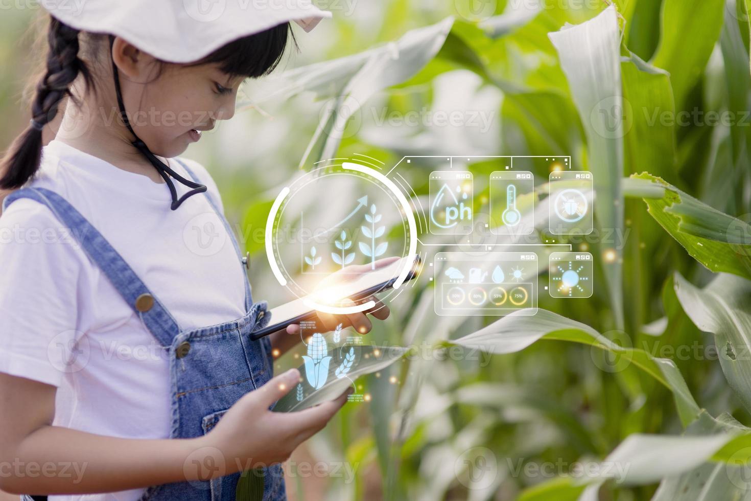 The little girl uses a tablet to analyze the growth of plants in the agricultural plot and visual icon., the agricultural technology concept. smart farming learning Concept photo