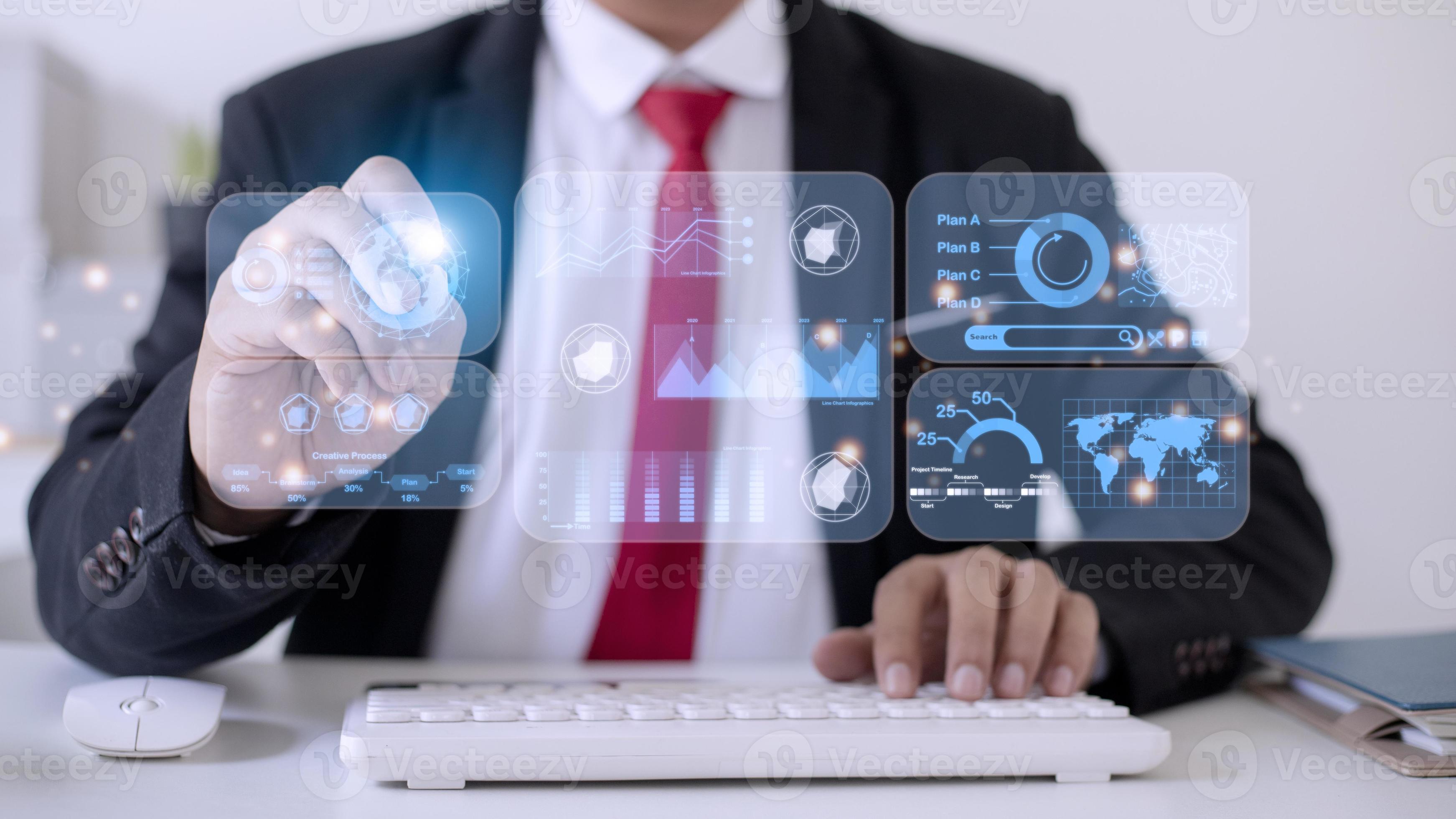 Advisor using KPI Dashboard on virtual screen.Business finance data
