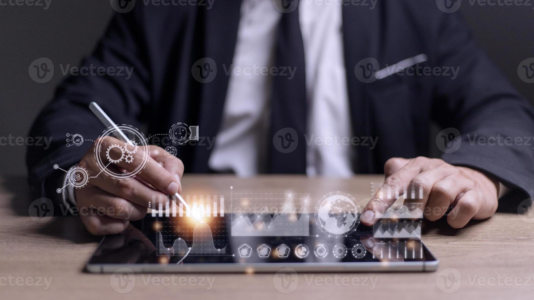 Business process and strategy on virtual screen. Data analysis. Workflow. photo