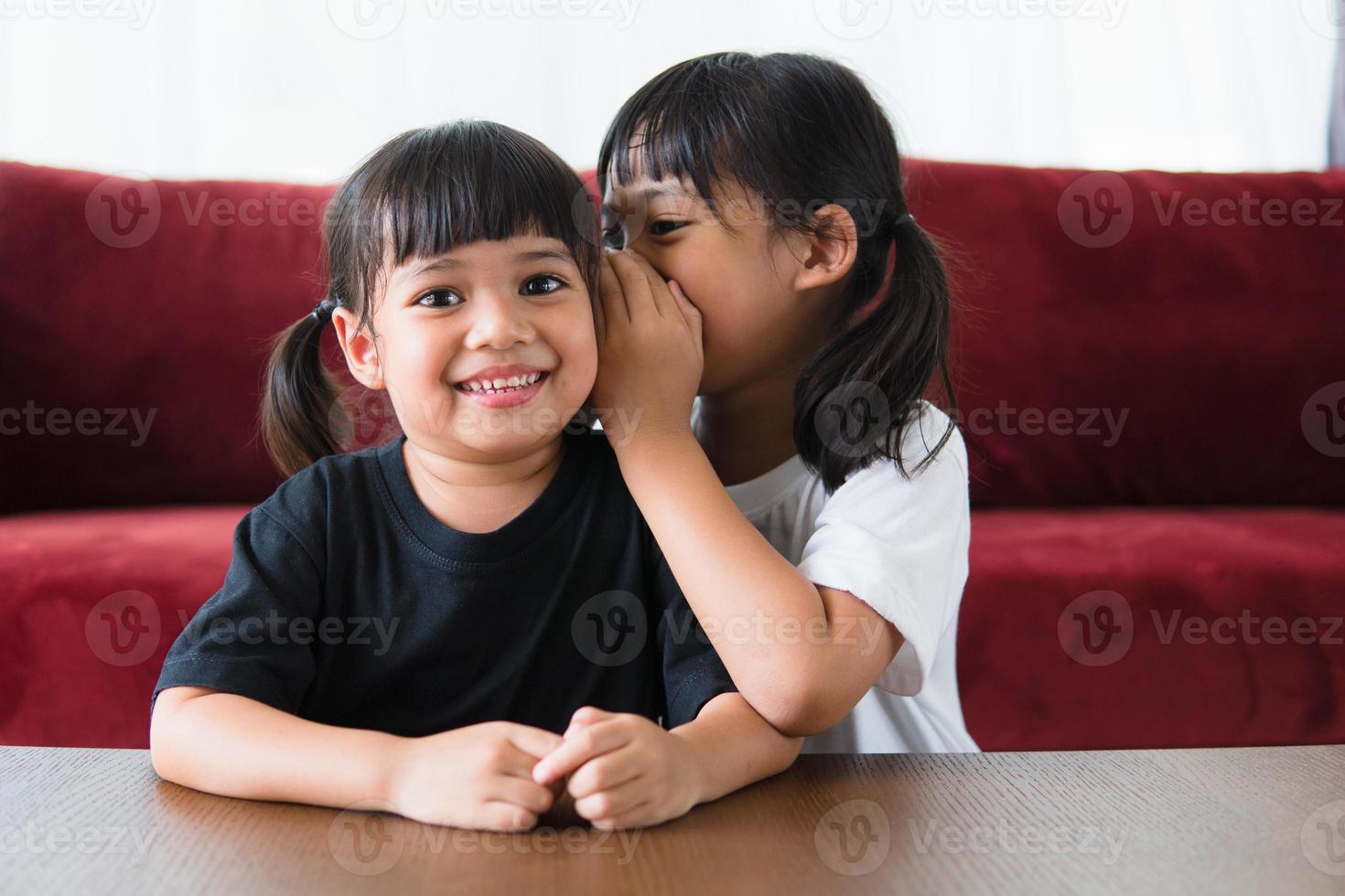 happy little Asian siblings sharing secrets photo