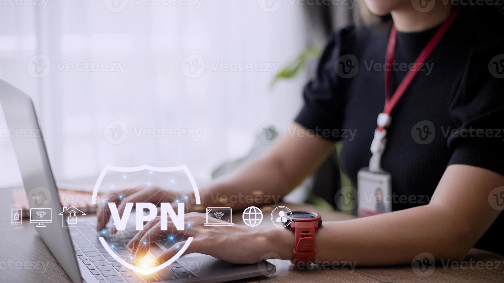 VPN secure connection concept. Person using Virtual Private Network technology to create encrypted tunnel to remote server on internet to protect data privacy or bypass censorship photo