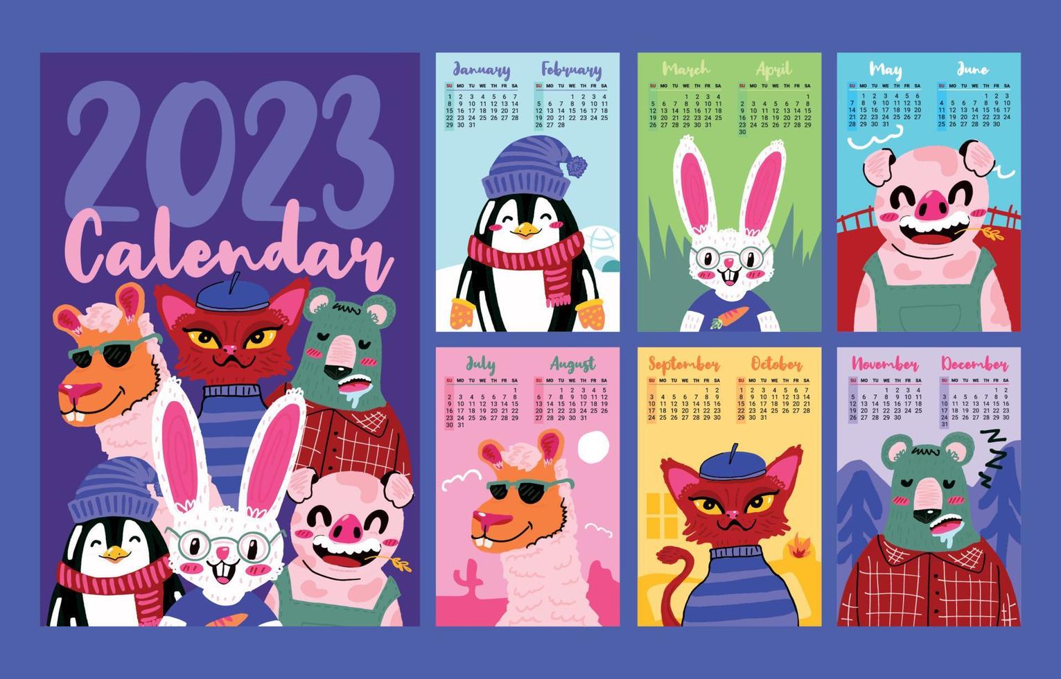 calendario de animales lindos 2023 vector