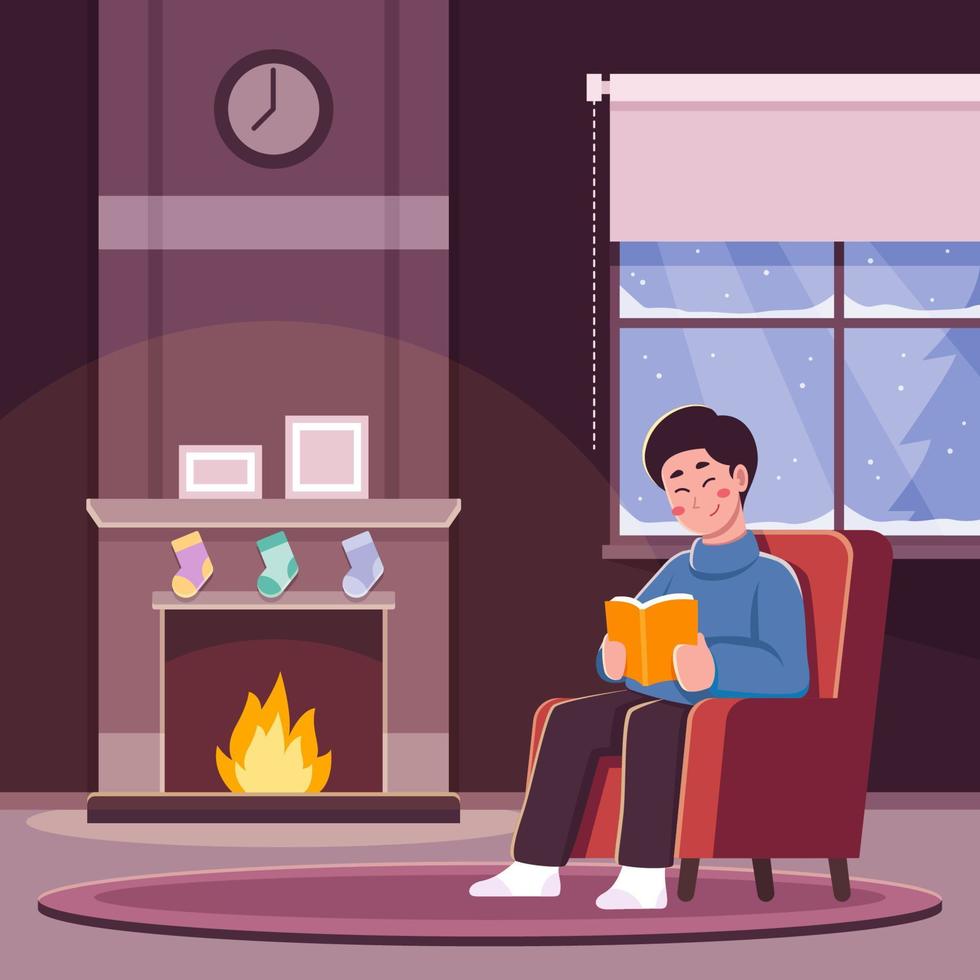 Man Reading a Book by the Fireplace in Winter vector