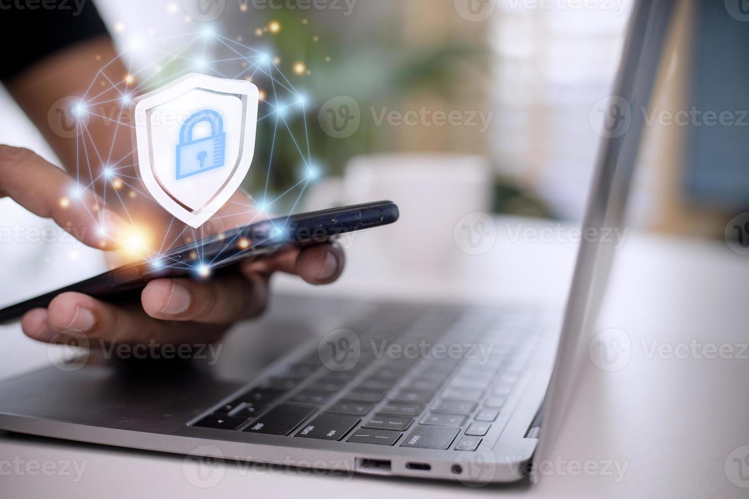 Cyber security. Data protection concept. Banking security. Hands touching digital icon padlock and network connection on mobile smartphone, virtual interface screen. photo