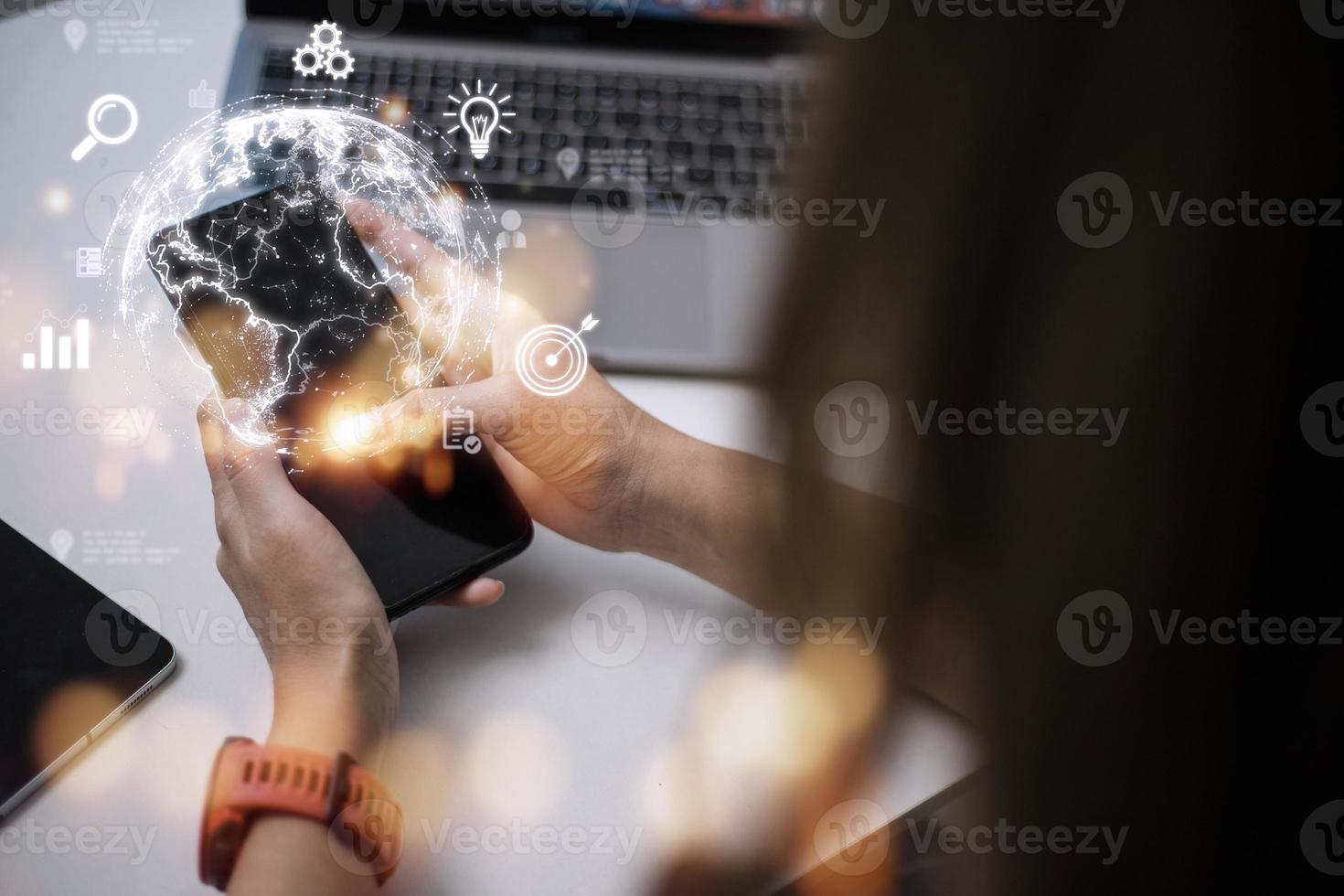People use mobile smartphones. Business global internet connection application technology and digital marketing, Financial and banking, Digital link tech, big data. photo