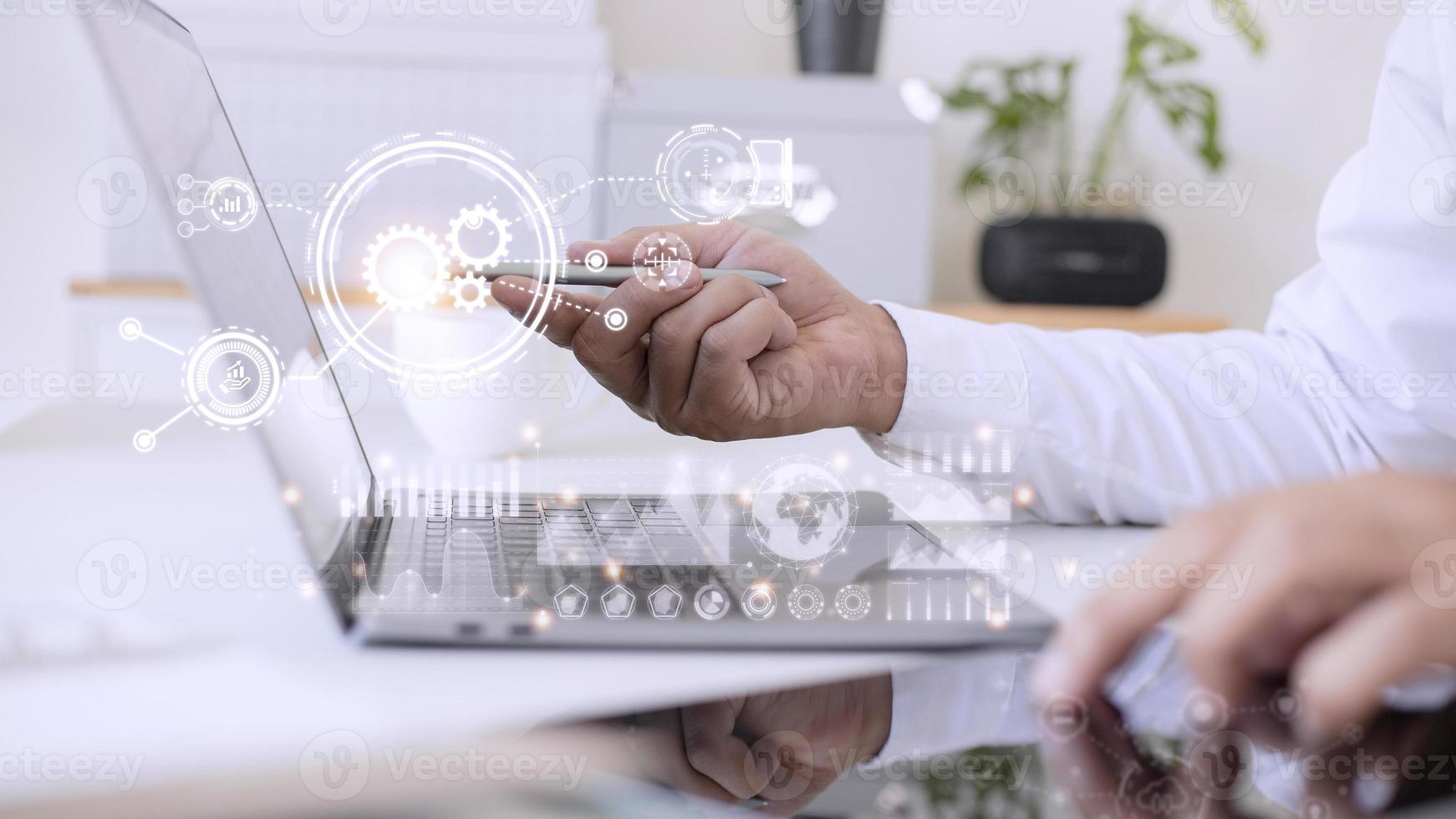 Business process and strategy on virtual screen. Data analysis. Workflow. photo
