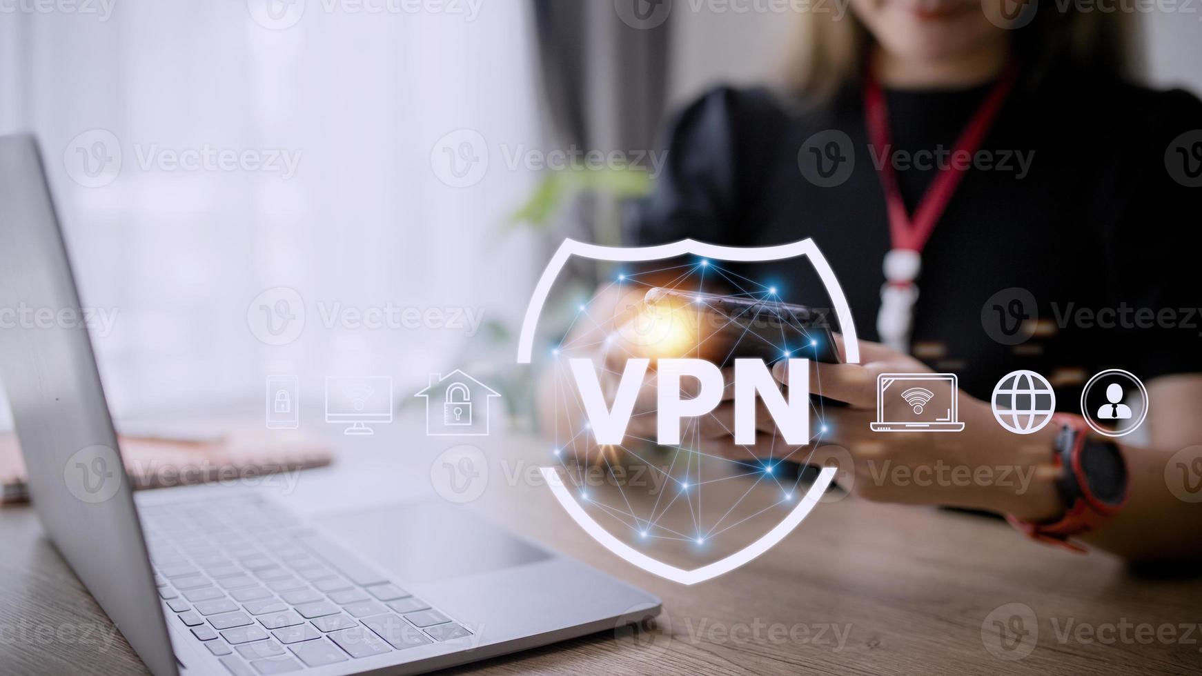 VPN secure connection concept. Person using Virtual Private Network technology to create encrypted tunnel to remote server on internet to protect data privacy or bypass censorship photo