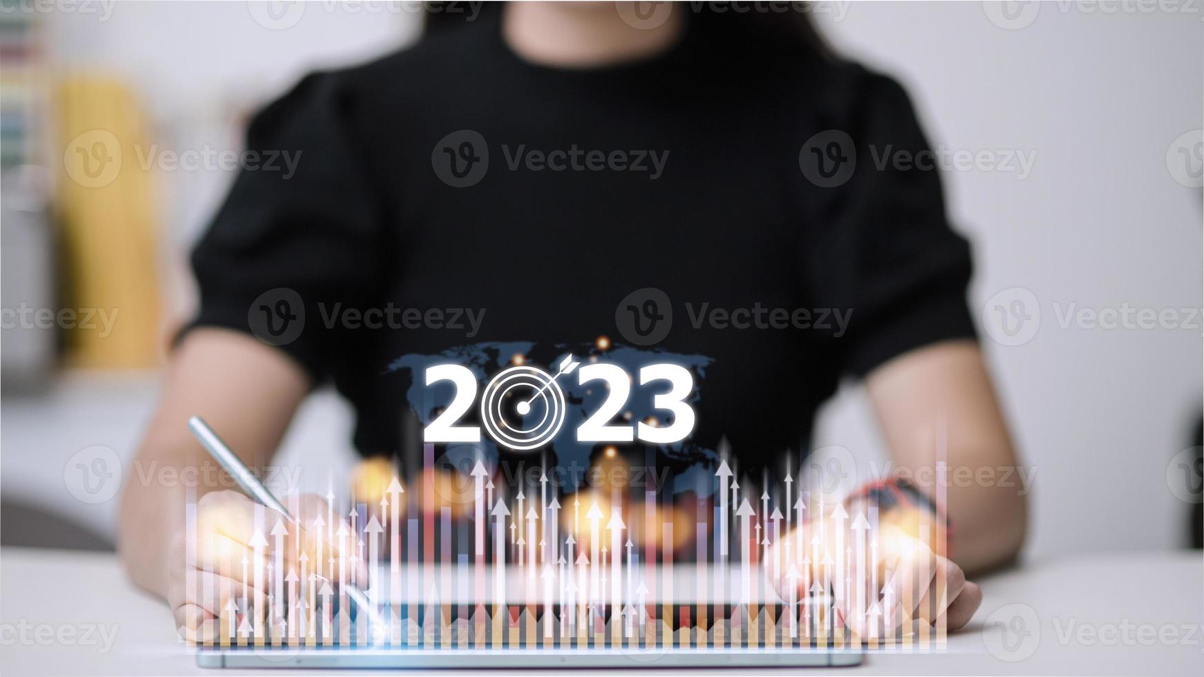 Business and Technology target set goals and achievement in 2023 new year resolution statistics graph rising revenue, planning to start up strategy, icon concept photo