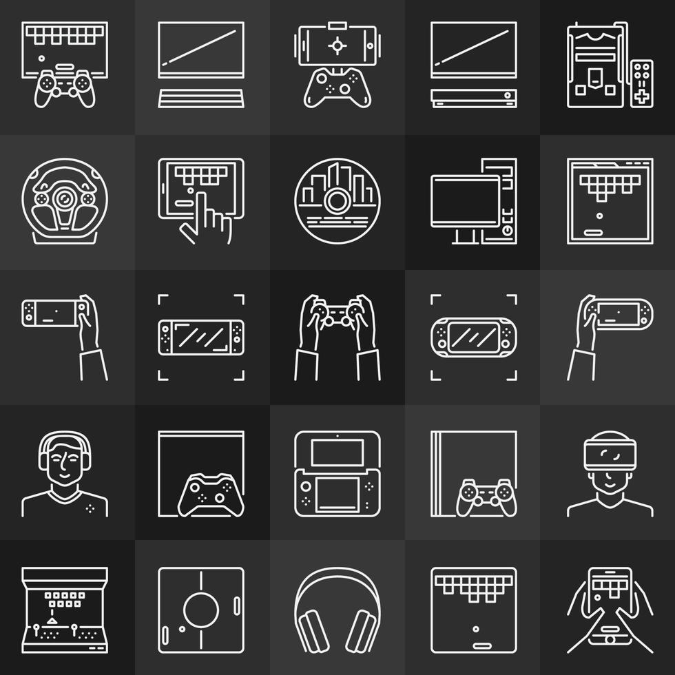 Video games linear concept icons collection on dark background vector